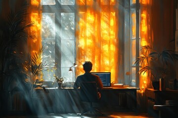 Woman in modern office participating in video conference with diverse colleagues discussing business strategy remotely