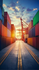 Shipping Containers And Freight Terminal At Sunset Photo