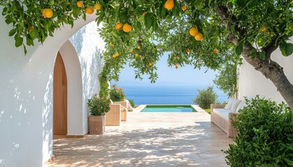 Obraz premium Tranquil Mediterranean courtyard with lemon trees and ocean vista creates a soothing escape