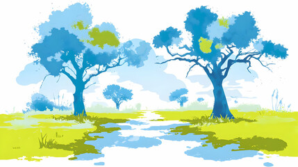 Watercolor Trees Landscape Illustration Showing Blue and Green Hues