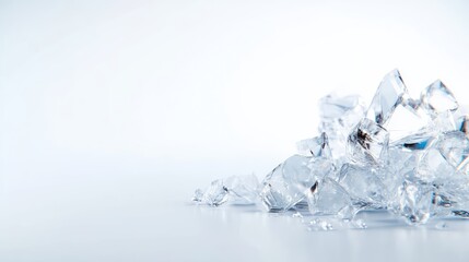 Pile of ice cubes.  Clear, frosty, and fragmented ice pieces creating a cool and refreshing visual.  High-quality,  studio shot with clean, bright background