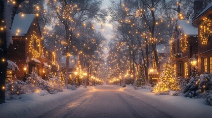 Winter Street Scene with Christmas Decorations and Snow at Night in a Cozy City