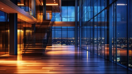 Modern penthouse, night view, city lights, glass walls, wooden floors, interior design