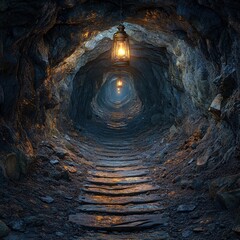 Obraz premium Eerie Underground Mine Passage with Lantern Soft Glow Chiaroscuro Lighting 3D Render