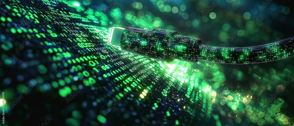 Poster the vibrant green binary code matrix highlights a digital cable.