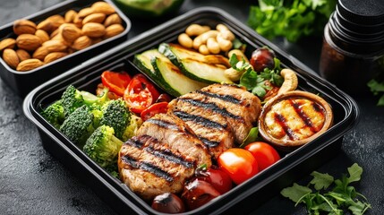 Low carb lunch box with grilled vegetables, meat, and nuts, healthy food, lunch box. 