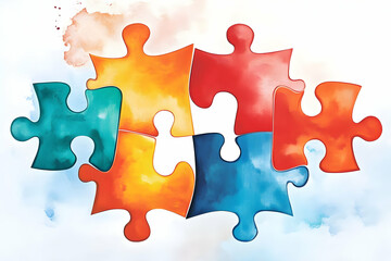 Watercolor Puzzle Pieces Illustration Representing Teamwork and Collaboration