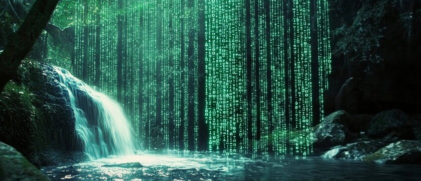 The fusion of nature and technology represented in a waterfall theme.