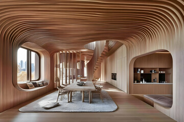 Wooden Interior Design with Geometric Structure Natural Light 3D