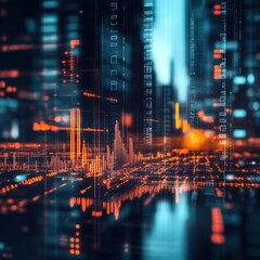Futuristic Cityscape with Abstract Digital Data Visualization Elements