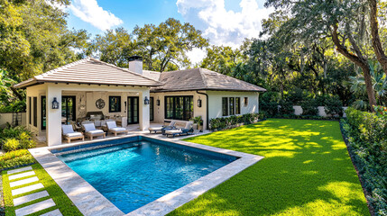 Fototapeta premium Luxury Pool Home: Modern Architectural Design, Serene Backyard Oasis