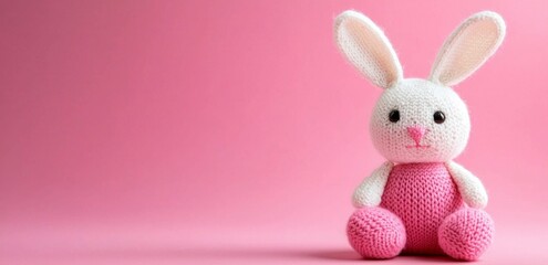 Adorable knitted rabbit toy displayed on a soft pink backdrop.