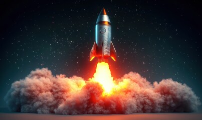 Rocket Launch in Retro Style with Fiery Exhaust and Smoke