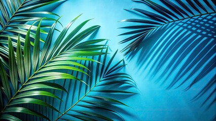 Tropical Palm Leaves Shadows on Blue Paper Background - Nature's Artistry in Minimalism, Perfect Copy Space for Creative Projects and Designs
