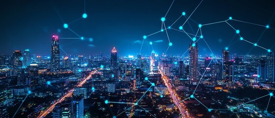 Fototapeta premium Smart city dot point connect with gradient line, connection technology metaverse concept Bangkok, Thailand night city banner with big data