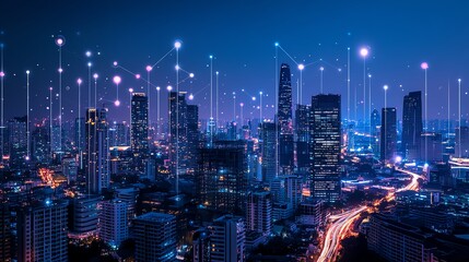 Smart city dot point connect with gradient line, connection technology metaverse concept Bangkok, Thailand night city banner with big data