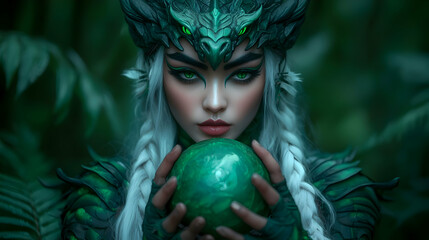 Mystical Woman in Green Dragon Armor Holding Orb