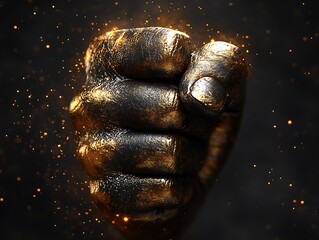 Fist raised in victory. Dark background