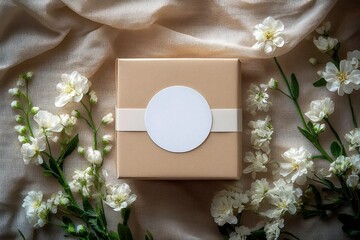 Blank Round Sticker Mockup on Kraft Paper Box with White Flowers and Ribbon for Wedding Favors and Gifts