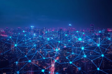 Fototapeta premium Smart city dot point connect with gradient grid line, connection technology metaverse concept Night city banner with big data