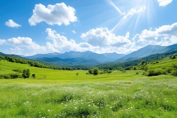 Fototapeta premium Lush green meadow stretches to mountain range under vibrant blue sky. Sunlight beams down through fluffy clouds