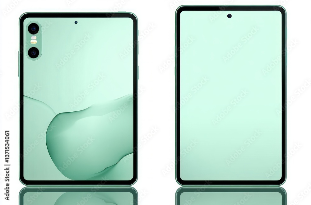 Poster minimalistic digital tablet design front back view sleek modern style gradient green color