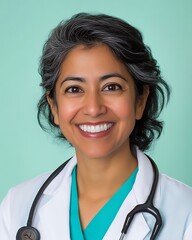 Smiling female doctor with stethoscope in white coat, soft pastel mint background, natural lighting, healthcare