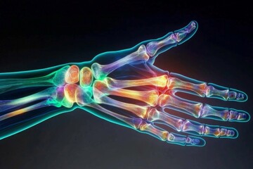 A detailed 3D rendering of wrist bones illuminated in orange.