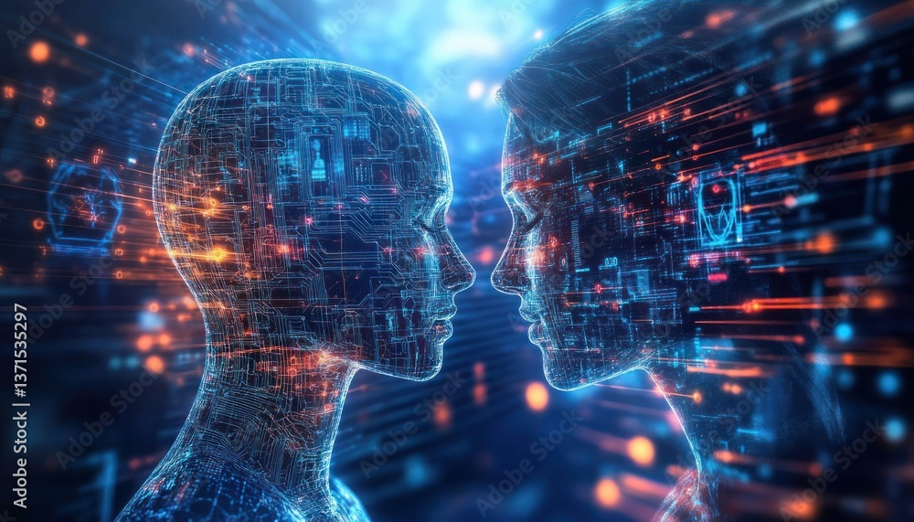 Poster digital connection: two ai entities face each other, representing innovation