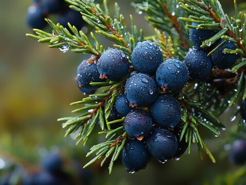 Close-up of Juniper Berries with Water Droplets on a Branch