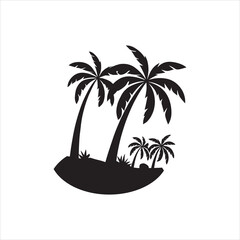 Obraz premium Silhouette of palm trees on a tropical island with sunset and ocean view, vector illustration of a peaceful paradise landscape