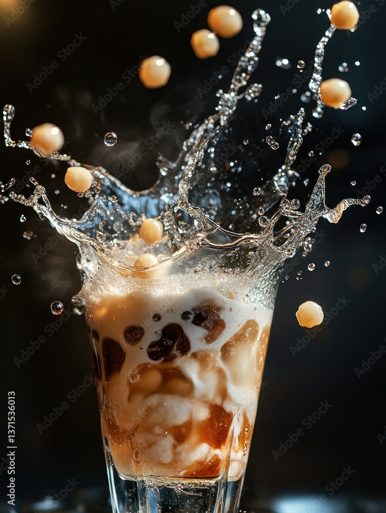 Poster aromatic beverage explosion with floating spheres creating a dynamic moment