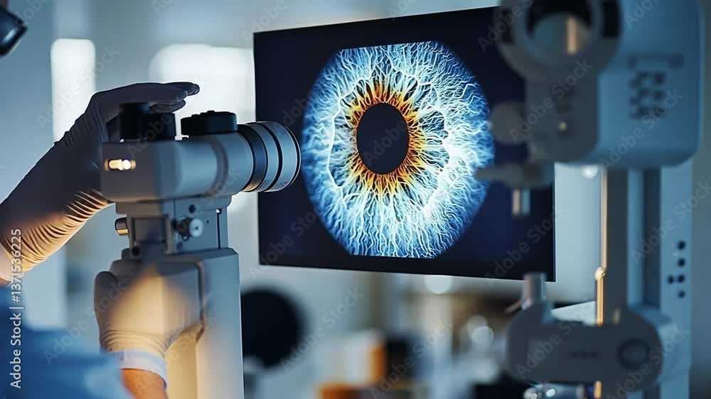 Poster close up of a scientist examining a detailed iris scan on a monitor