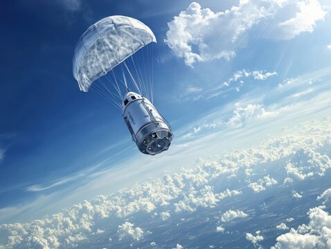 space capsule re-entering Earth&rsquo;s atmosphere, featuring the suspenseful moment of a parachute deployment against a blue sky