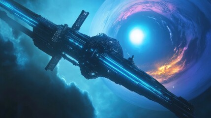 colossal space station orbiting a gas giant, captured in the moment of an eclipse, with the luminescent blue neon lights of the space station against the swirling colours of the planet