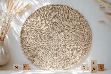 Minimalist flat lay with braided mat, pampas grass, wooden letter cubes, natural lighting, Scandinavian design, still life photography, education background, children's decor