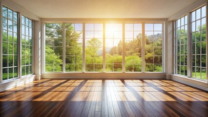 Sunlit Room Photography: Wooden Floor, Large Windows, Serene Interior Design