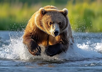 Obraz premium A large brown bear runs through water with splashing action