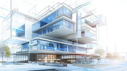 High-Tech Architectural Draft of Smart Glass House &ndash; Modern Urban Design Illustration