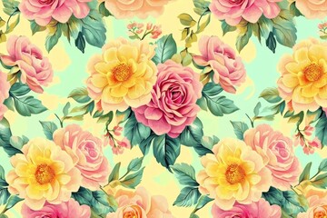 Colorful repeating motifs of bohemian roses and dahlias.