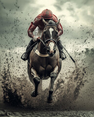 Jockey racing on powerful horse splashing dirt in dramatic setting