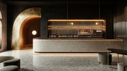 Modern bar interior, terrazzo floor, arched alcove, stylish lounge