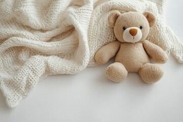 Minimalist Newborn Still Life with Teddy Bear and Knitted Blanket in Neutral Colors for Baby Nursery Concept