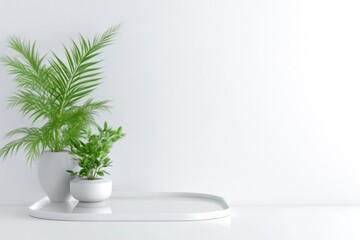 Fototapeta premium Minimalist interior design featuring two potted plants on a white tray against a clean white wall