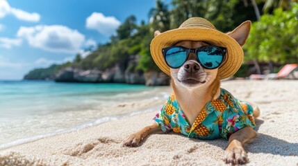 Chihuahua relaxing under a sun hat at Phuket Beach, Thailand, dressed in a pineapple-patterned Hawaiian shirt. 
