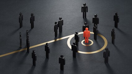 3D illustration of pawn over RED spiral printed. Customer Lifecycle Management concept.Marketing and communication concept.3D rendering on black background.