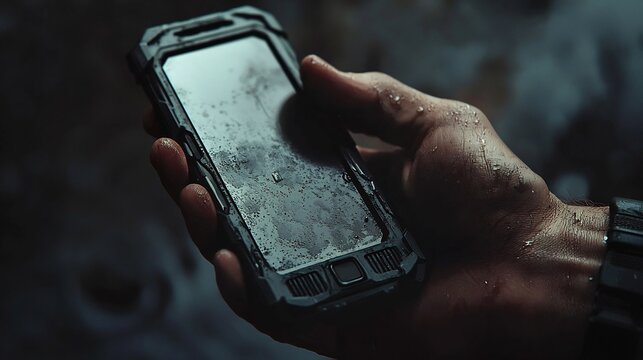 Rugged smartphone displaying resilience held by a wet hand in dim environment