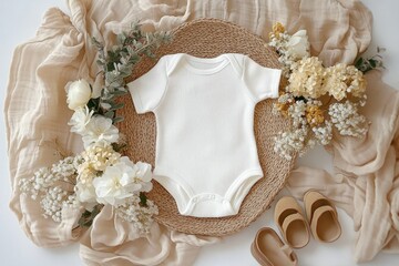 Baby Announcement Template for Pregnancy and Ultrasound Photo Display with Minimalist Bodysuit and Floral Decoration