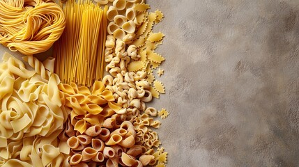 Artistic flat-lay of different pasta types placed on a neutral background, perfect for food blogs, Italian cuisine visuals, packaging, or recipe design content.