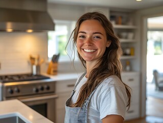 Smiling young woman cooking in modern kitchen home lifestyle bright atmosphere